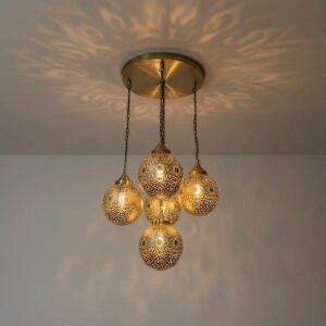 Moroccan Brass Pendant Light Chandelier – 5 Globe Ceiling Lamp | Handmade Gold Light Fixture | Boho Hanging Light