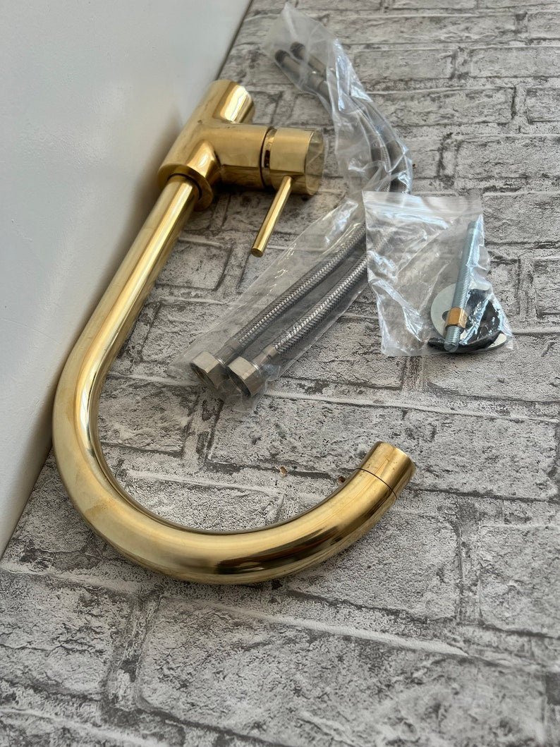 products-AStylishOne-HoleMixer2.jpg Unlaquered Brass Basin Faucet for a Mid-Century Modern Touch,unlaquered Brass Kitchen Faucet - A Stylish One-Hole Mixer" - Image 5