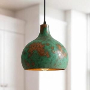 Handmade Green Patina Copper Pendant Light – Rustic Aged Dome Lamp