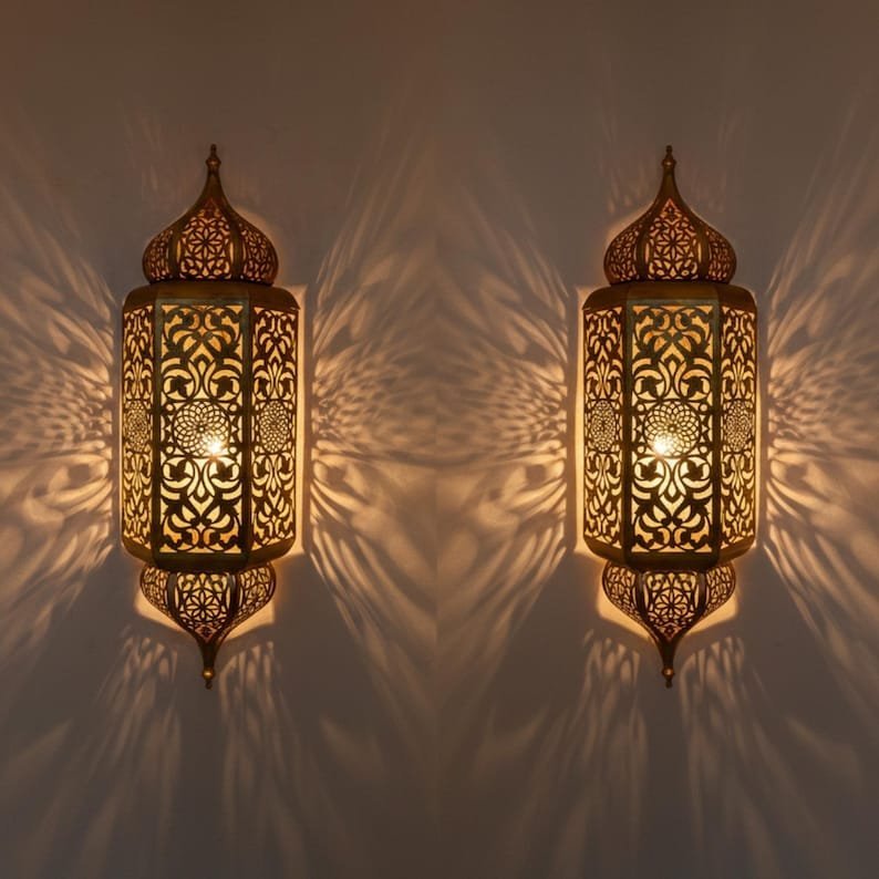 products-AmbientLight_CopperFinish9.jpg Set of 2 Handmade Moroccan Brass Wall Sconce: Ambient Light, Copper Finish