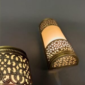 Handmade Brass Wall Sconce with Acrylic Panel – Oriental Carved Design, Antique Finish