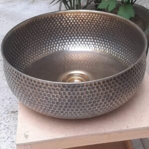Hammered Brushed Brass Bathroom Sink – Countertop Vessel Basin, Handmade Round Copper Look Sink, Custom Artisanal Vanity Bowl with Drain-