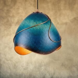 Hammered Copper Pendant Light: Azure Blue Patina, Artisan Moroccan Lighting