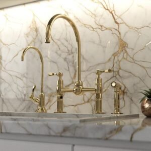 Unlacquered Brass Kitchen Faucet, Center ball Bridge Sink Faucet with Sprayer