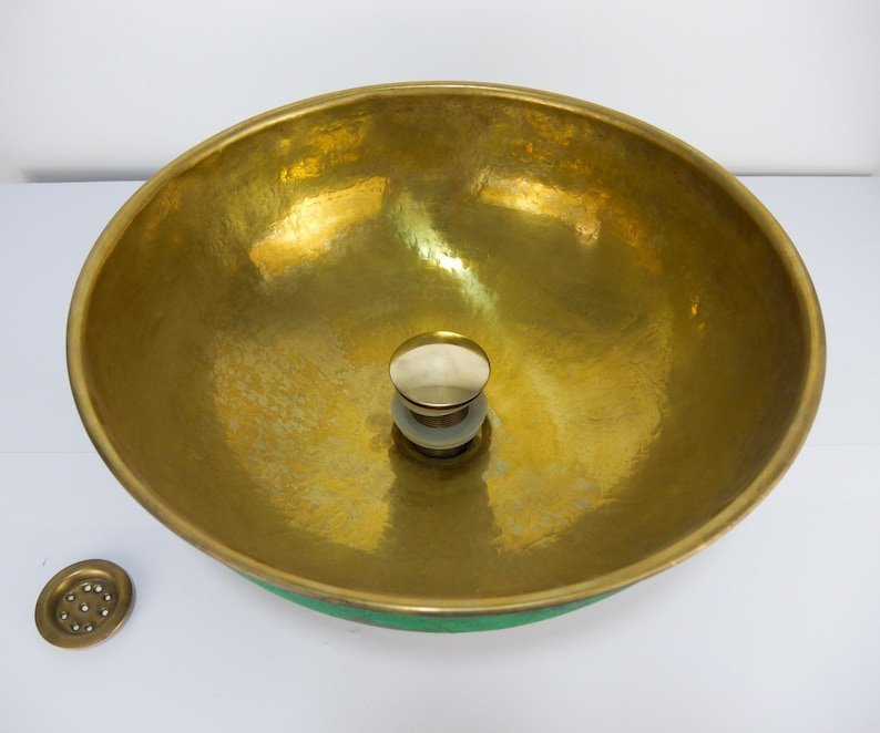 products-BasinwithDrain1.jpg Brass Round Vessel Sink with Green Patina Exterior – Handmade Moroccan Bathroom Basin with Drain - Image 3