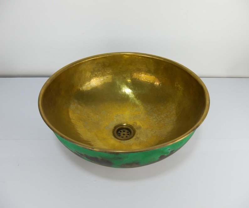 products-BasinwithDrain10.jpg Brass Round Vessel Sink with Green Patina Exterior – Handmade Moroccan Bathroom Basin with Drain - Image 4
