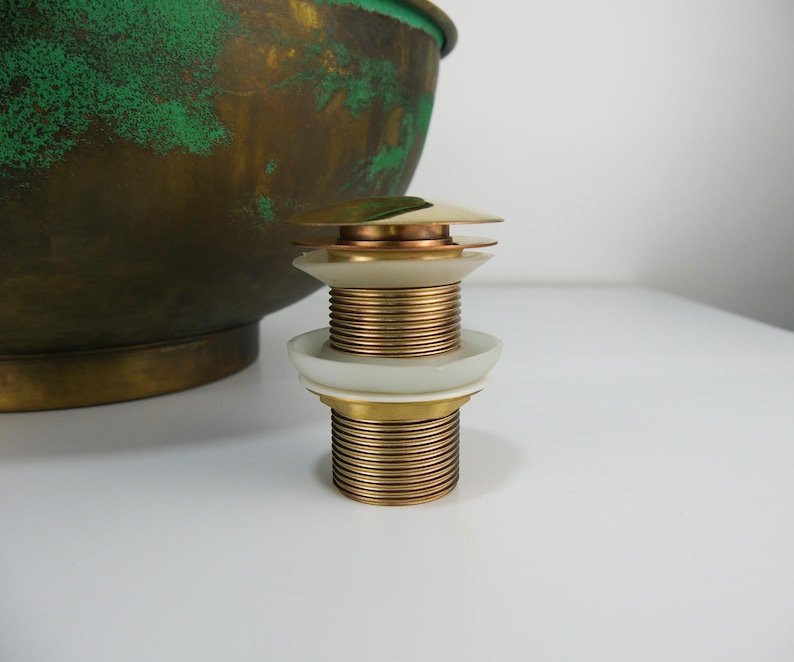 products-BasinwithDrain3.jpg Brass Round Vessel Sink with Green Patina Exterior – Handmade Moroccan Bathroom Basin with Drain - Image 6