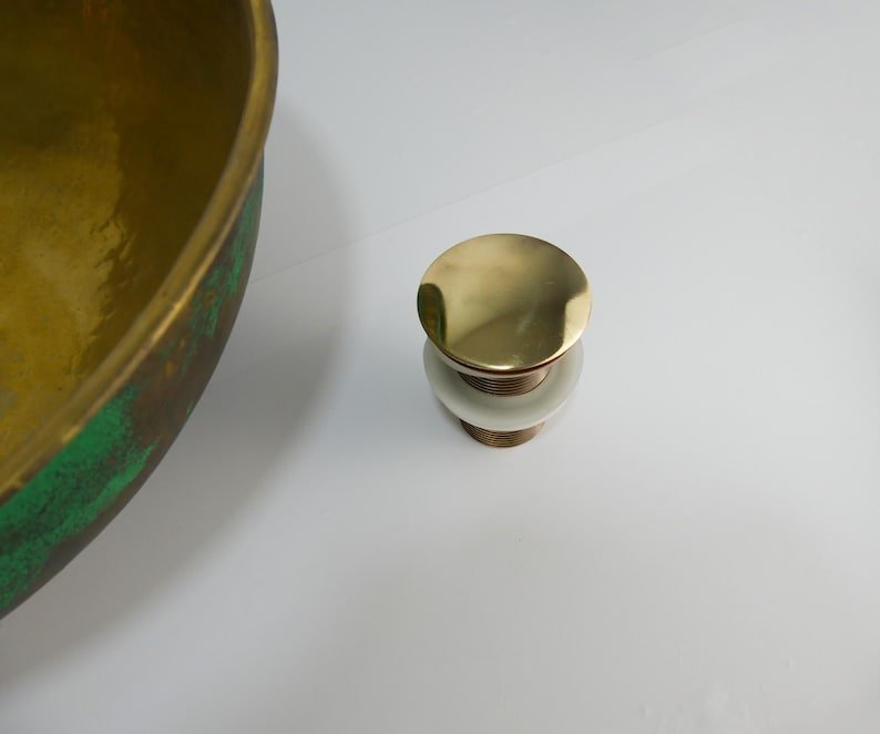 products-BasinwithDrain4.jpg Brass Round Vessel Sink with Green Patina Exterior – Handmade Moroccan Bathroom Basin with Drain - Image 7