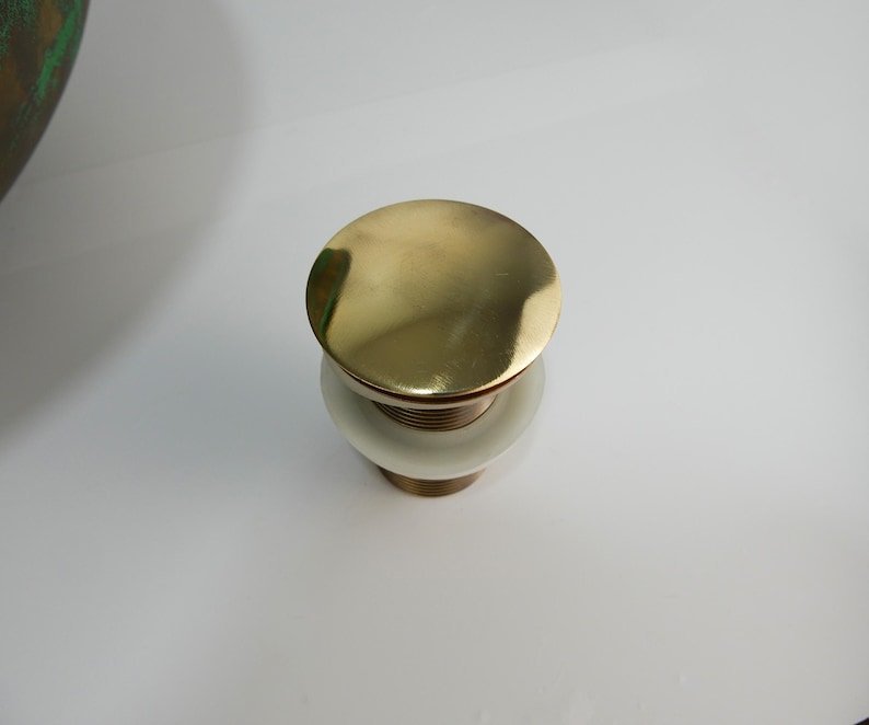 products-BasinwithDrain5.jpg Brass Round Vessel Sink with Green Patina Exterior – Handmade Moroccan Bathroom Basin with Drain - Image 9