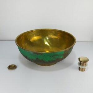 Brass Round Vessel Sink with Green Patina Exterior – Handmade Moroccan Bathroom Basin with Drain