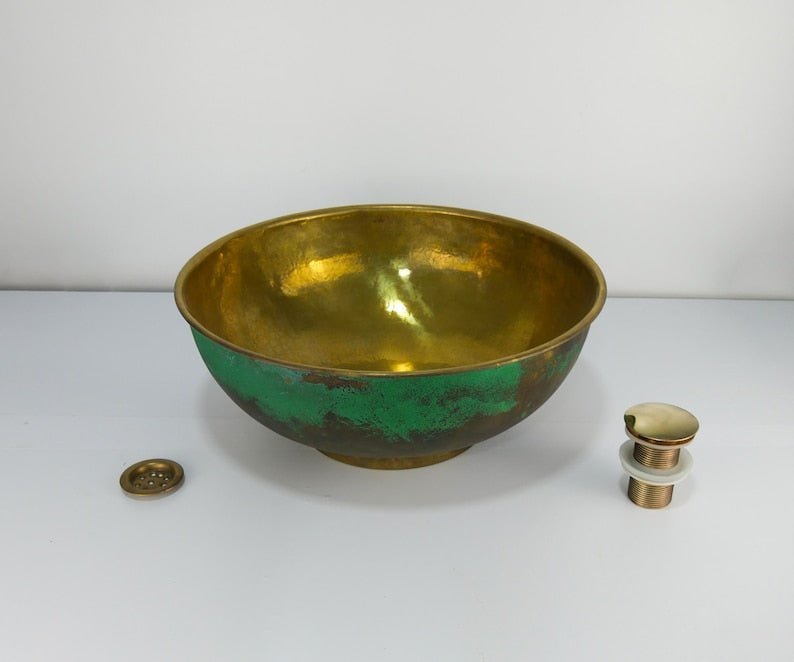 products-BasinwithDrain6.jpg Brass Round Vessel Sink with Green Patina Exterior – Handmade Moroccan Bathroom Basin with Drain