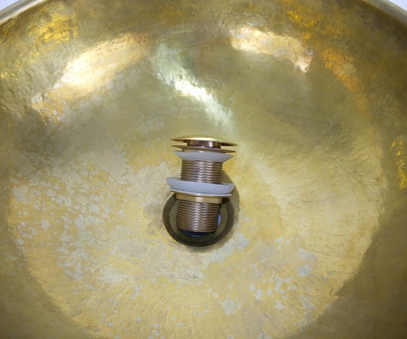 products-BasinwithDrain7.jpg Brass Round Vessel Sink with Green Patina Exterior – Handmade Moroccan Bathroom Basin with Drain - Image 10