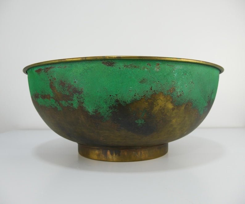 products-BasinwithDrain9.jpg Brass Round Vessel Sink with Green Patina Exterior – Handmade Moroccan Bathroom Basin with Drain - Image 8