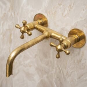 Unlacquered Brass Bathroom Sink Faucet, Solid brass Tub Filler Faucet, Wall Mounted Bathroom Faucet With Cross Handles