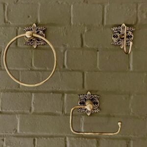 Antique Brass Bathroom Accessories Floral Filigree Towel Ring, Robe Hook, Toilet Roll Holder