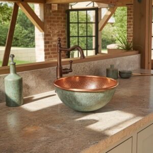Handmade Oxidized Copper Vessel Sink: Green Patina Bathroom Decor