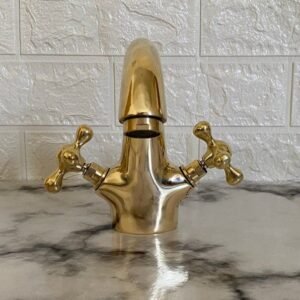 Brass Bathroom Sink Faucet, Unlacquered Brass Faucet with Simple Cross Handles, Hot Cold Water tap, Vessel Sink Faucet, Outdoor Sink Faucet