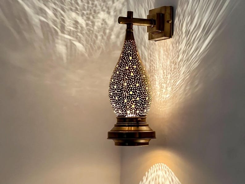 products-BedroomAmbientLight3.jpg Moroccan Brass Wall Sconce Light – Handmade Pierced Wall Lamp – Boho Hallway Lighting – Bedroom Ambient Light - Image 9