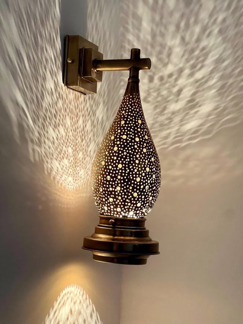 products-BedroomAmbientLight4.jpg Moroccan Brass Wall Sconce Light – Handmade Pierced Wall Lamp – Boho Hallway Lighting – Bedroom Ambient Light - Image 7