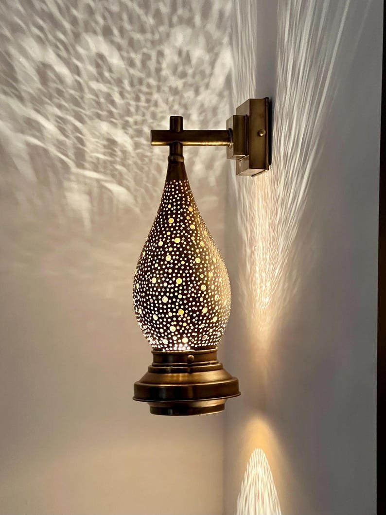 products-BedroomAmbientLight6.jpg Moroccan Brass Wall Sconce Light – Handmade Pierced Wall Lamp – Boho Hallway Lighting – Bedroom Ambient Light