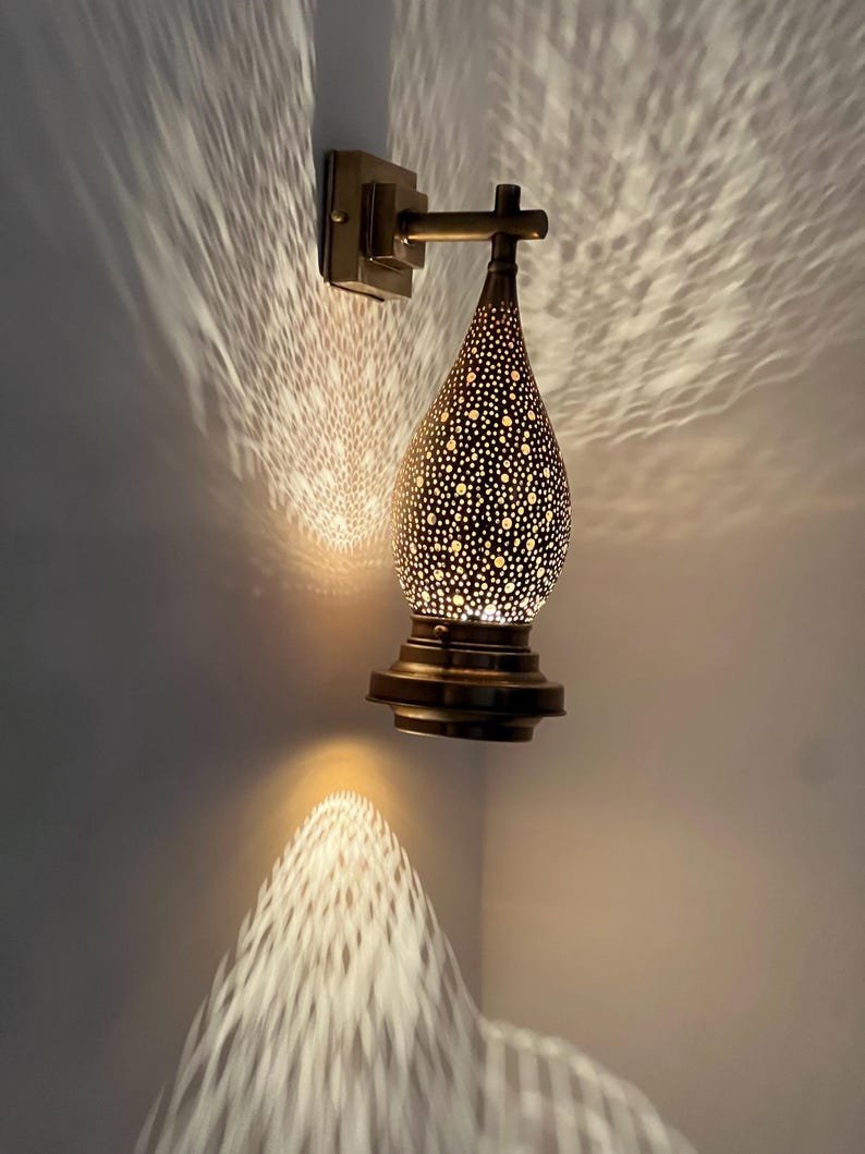 products-BedroomAmbientLight7.jpg Moroccan Brass Wall Sconce Light – Handmade Pierced Wall Lamp – Boho Hallway Lighting – Bedroom Ambient Light - Image 8