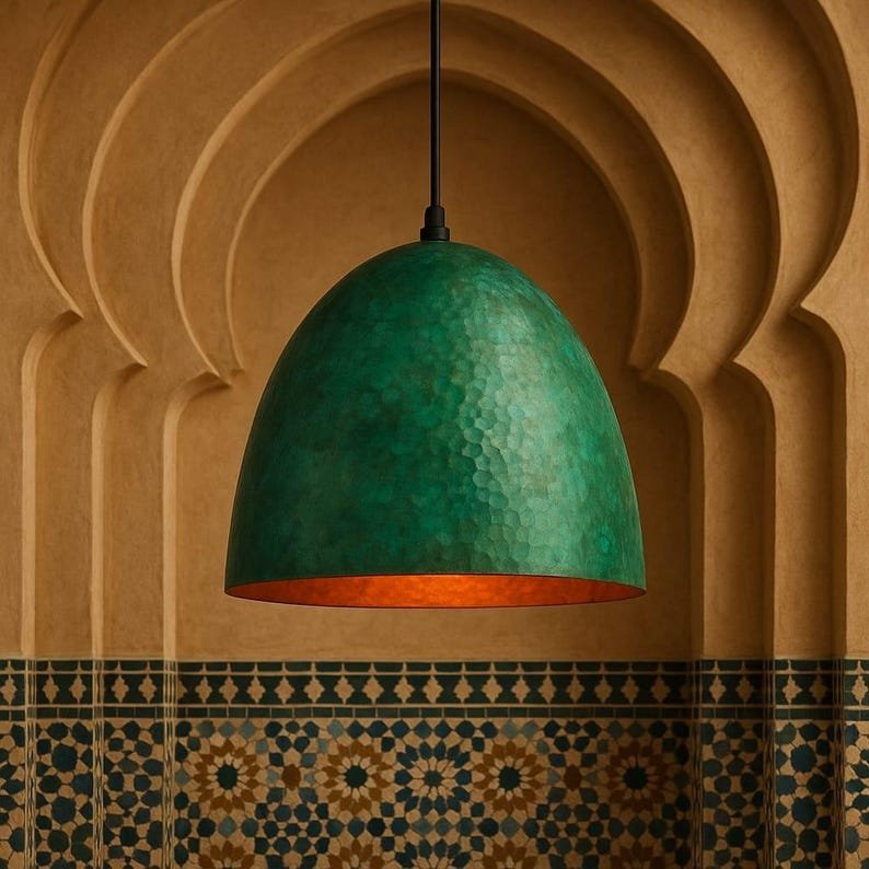 products-Bell4.jpg Handmade Verdigris Copper Bell Pendant Light: Rustic Farmhouse Fixture - Image 5