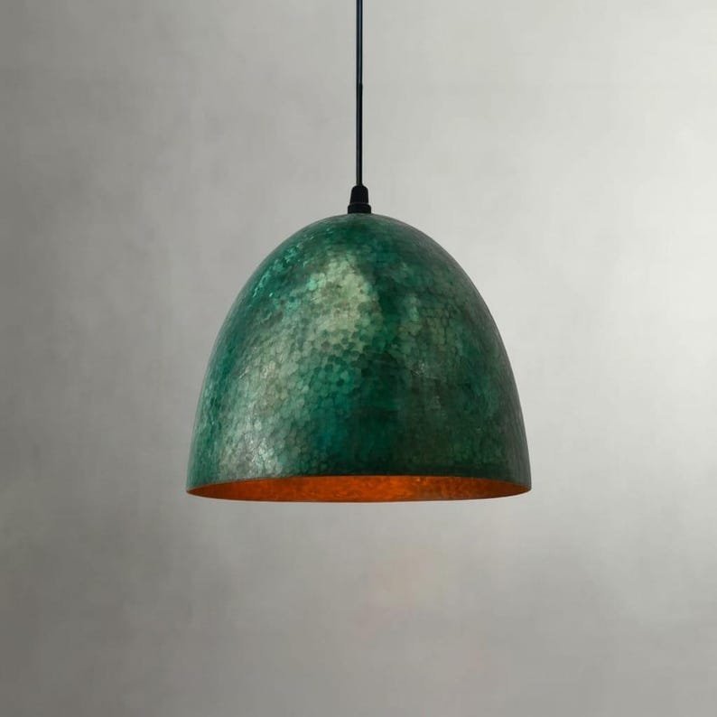 products-Bell5.jpg Handmade Verdigris Copper Bell Pendant Light: Rustic Farmhouse Fixture - Image 4