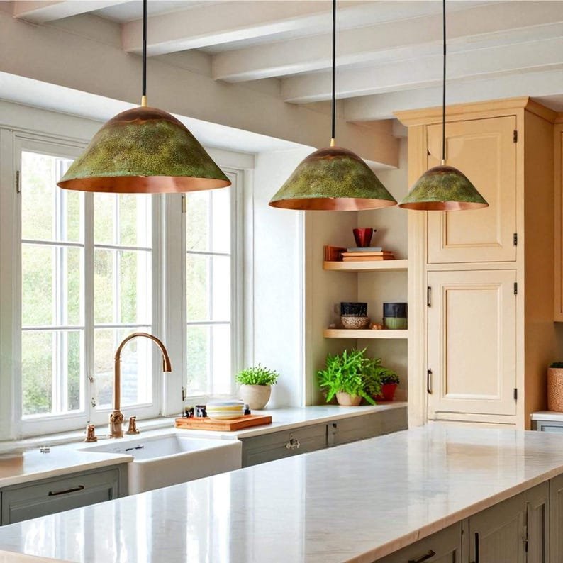 products-BellPendant1.jpg Set of 3 Green Patina Copper Bell Pendant Lights – Rustic Farmhouse Kitchen Island Lighting