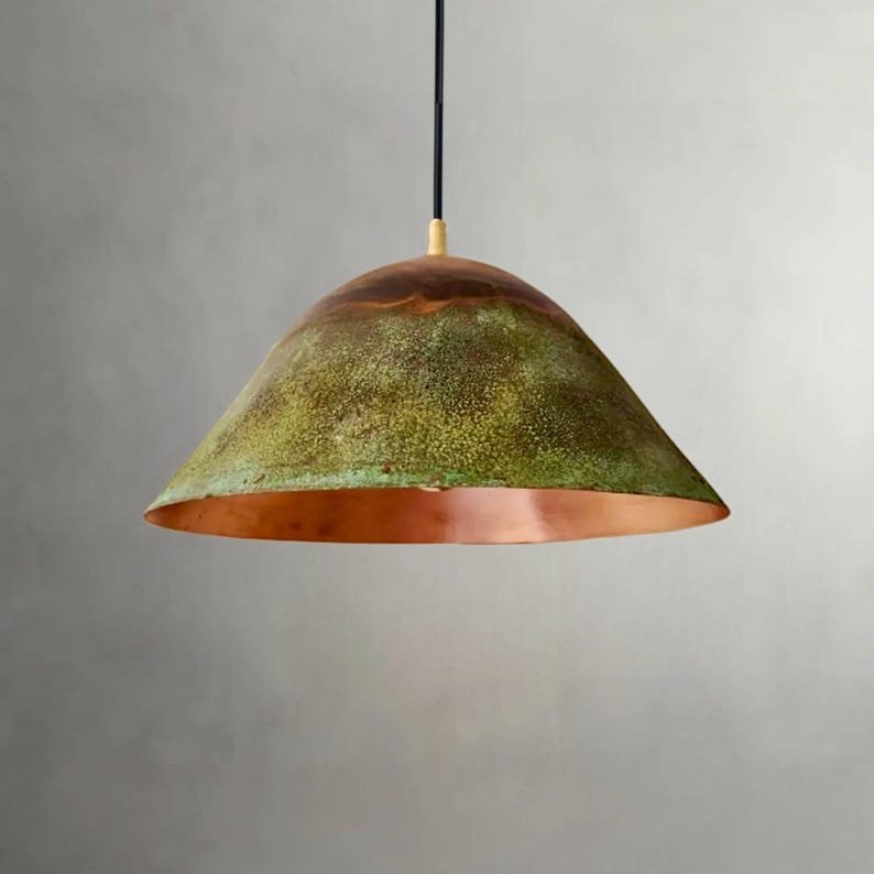 products-BellPendant2.jpg Set of 3 Green Patina Copper Bell Pendant Lights – Rustic Farmhouse Kitchen Island Lighting - Image 2