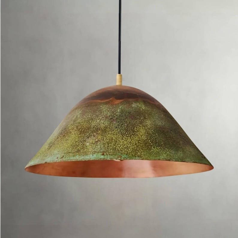 products-BellPendant3.jpg Set of 3 Green Patina Copper Bell Pendant Lights – Rustic Farmhouse Kitchen Island Lighting - Image 3