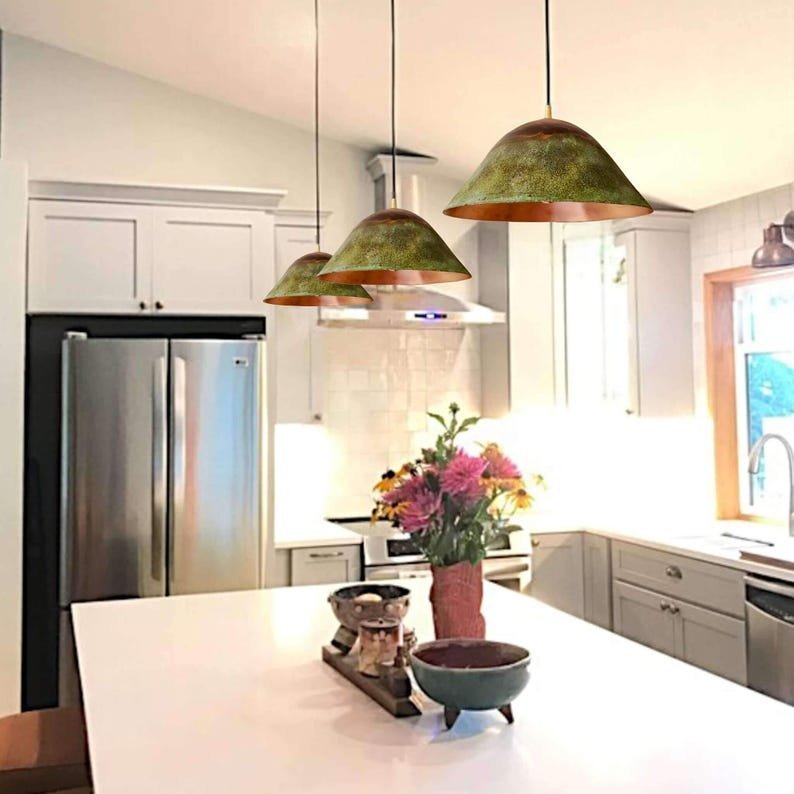 products-BellPendant4.jpg Set of 3 Green Patina Copper Bell Pendant Lights – Rustic Farmhouse Kitchen Island Lighting - Image 4