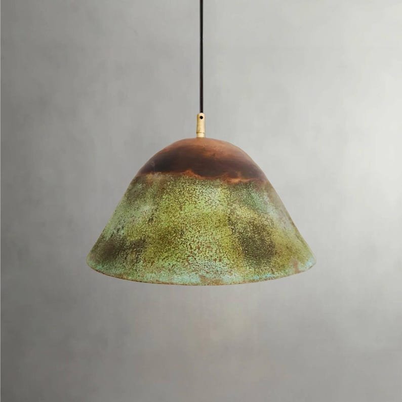 products-BellPendant5.jpg Set of 3 Green Patina Copper Bell Pendant Lights – Rustic Farmhouse Kitchen Island Lighting - Image 5