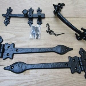 Black Antique CAST IRON LEAF hinges and 9" cottage thumb latch vintage Tudor gothic old style ornate decorative door tee hinges t hinge set