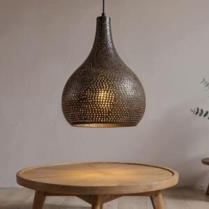 Handmade Black Brass Moroccan Pendant Light: Pierced Dome, Boho Lighting