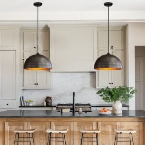 Set of 2 Hammered Brass Pendant Lights: Black & Gold Kitchen Island Lighting