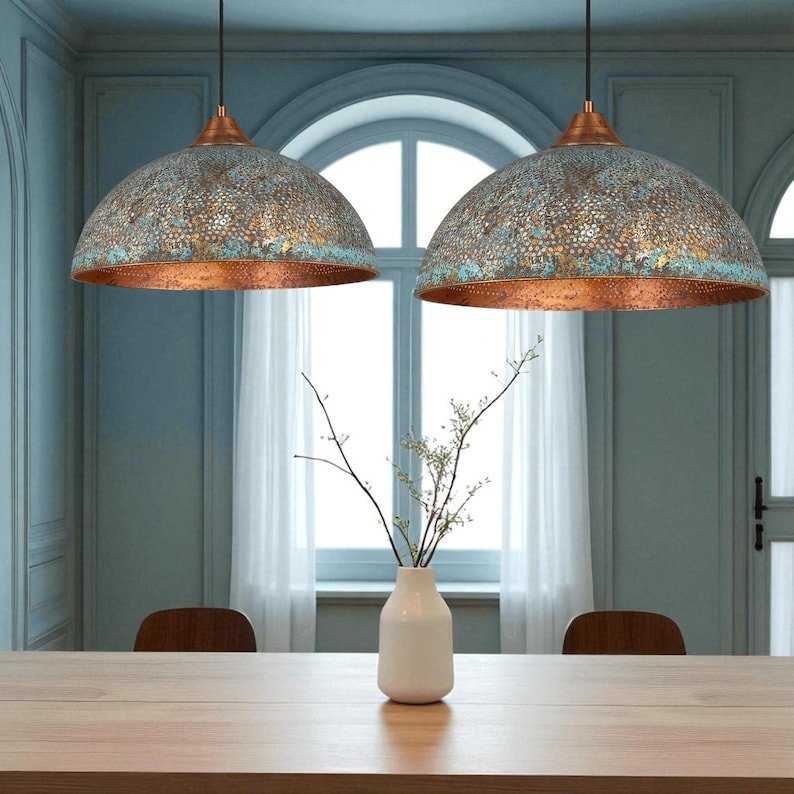 products-BluePatina1.jpg Handmade Blue Patina Copper Dome Pendant Light: Rustic Vintage Hanging Lamp - Image 2