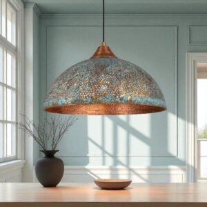 Handmade Blue Patina Copper Dome Pendant Light: Rustic Vintage Hanging Lamp
