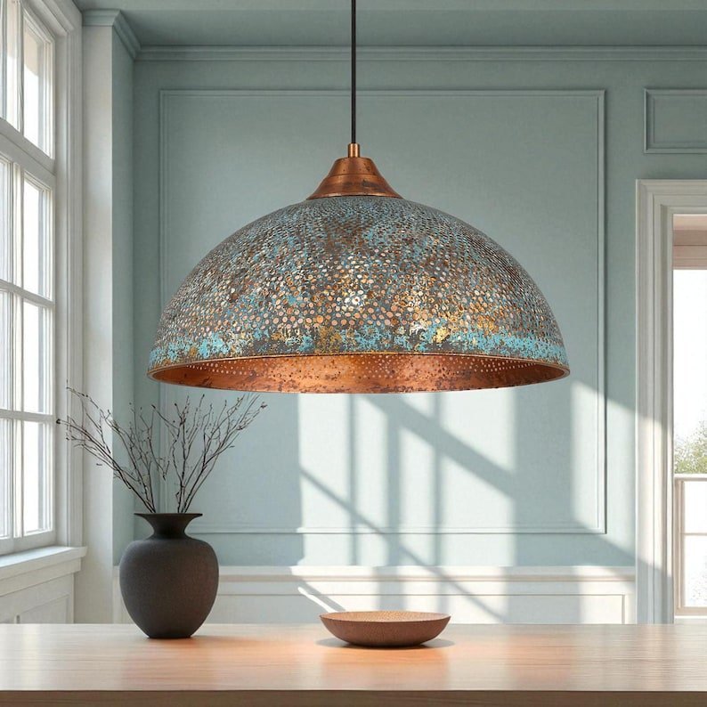 products-BluePatina4.jpg Handmade Blue Patina Copper Dome Pendant Light: Rustic Vintage Hanging Lamp