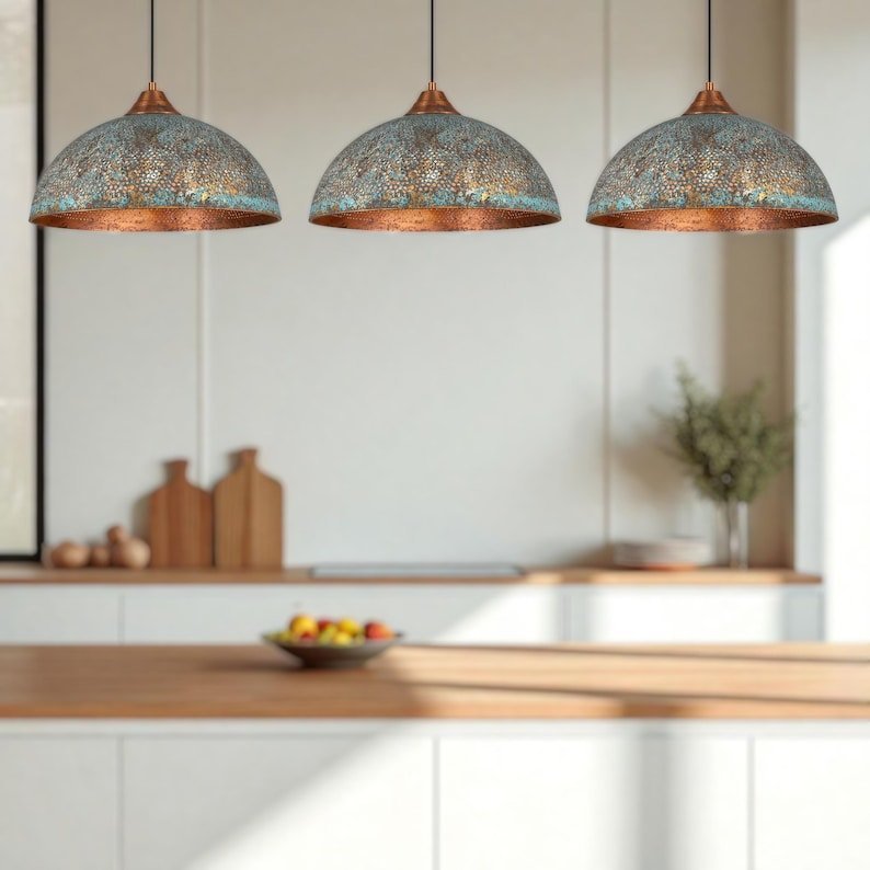 products-BluePatina5.jpg Handmade Blue Patina Copper Dome Pendant Light: Rustic Vintage Hanging Lamp - Image 4