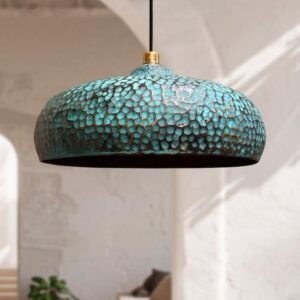 Handmade Blue Patina Brass Pendant Light - Hammered Dome Kitchen Lighting