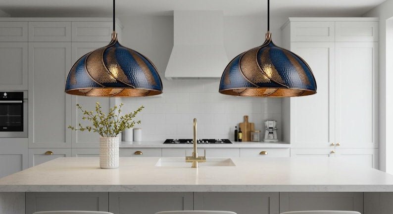 products-BluePatinaCopperDomePendantLight1.jpg Handmade Blue Patina Copper Dome Pendant Light - Rustic Kitchen Island Lighting - Image 2