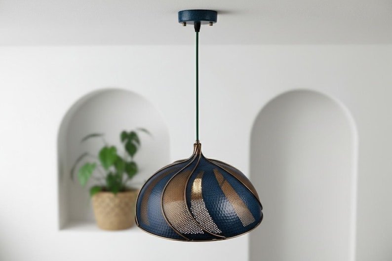 products-BluePatinaCopperDomePendantLight3.jpg Handmade Blue Patina Copper Dome Pendant Light - Rustic Kitchen Island Lighting - Image 7