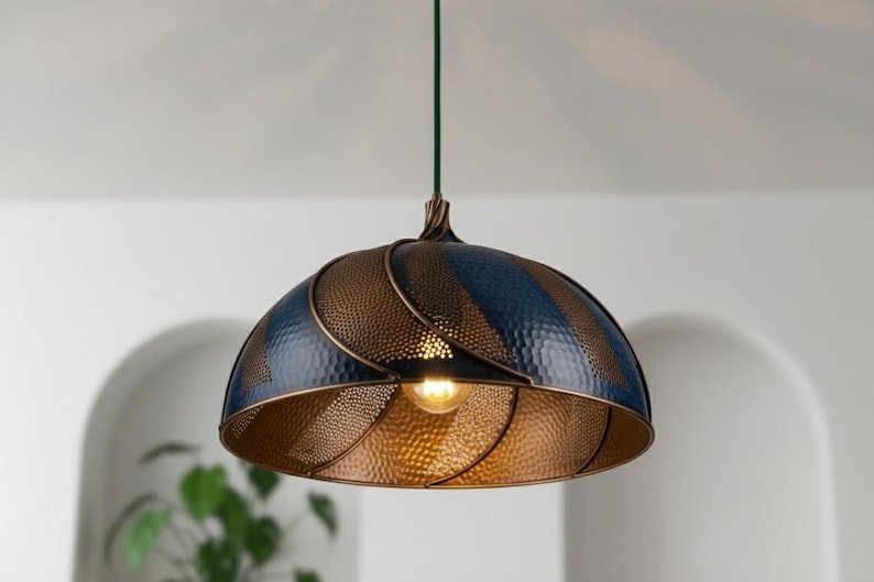 products-BluePatinaCopperDomePendantLight4.jpg Handmade Blue Patina Copper Dome Pendant Light - Rustic Kitchen Island Lighting