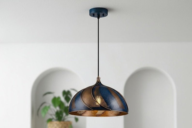 products-BluePatinaCopperDomePendantLight5.jpg Handmade Blue Patina Copper Dome Pendant Light - Rustic Kitchen Island Lighting - Image 4