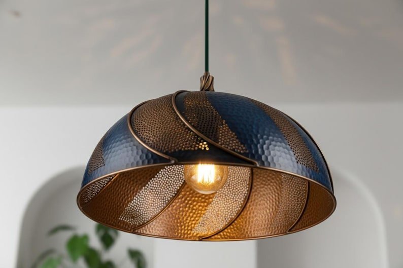products-BluePatinaCopperDomePendantLight8.jpg Handmade Blue Patina Copper Dome Pendant Light - Rustic Kitchen Island Lighting - Image 6