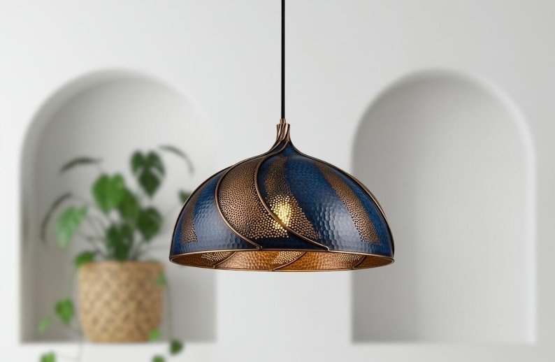 products-BluePatinaCopperDomePendantLight9.jpg Handmade Blue Patina Copper Dome Pendant Light - Rustic Kitchen Island Lighting - Image 8