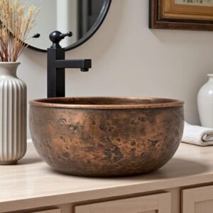 Aged Copper Bathroom Vessel Sink – Rustic Vanity Countertop Round Bowl Basin