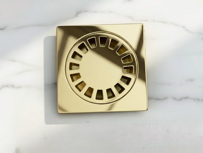 products-BrassFloorDrain2.jpg Unlacquered Brass Floor Drain, Solid Brass Shower Drain, Square Drain Cover for Bathroom - Image 2