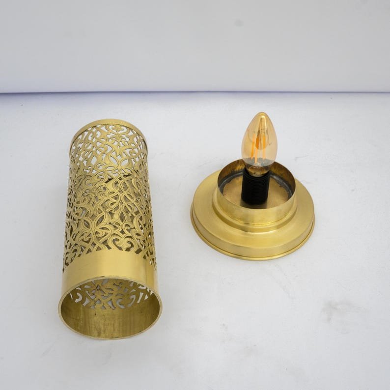 products-BrassTableLamp1.jpg Brushed Brass Bedside Light, Pierced Cylinder Lamp, Brass Table Lamp | Duty-Free - Image 3