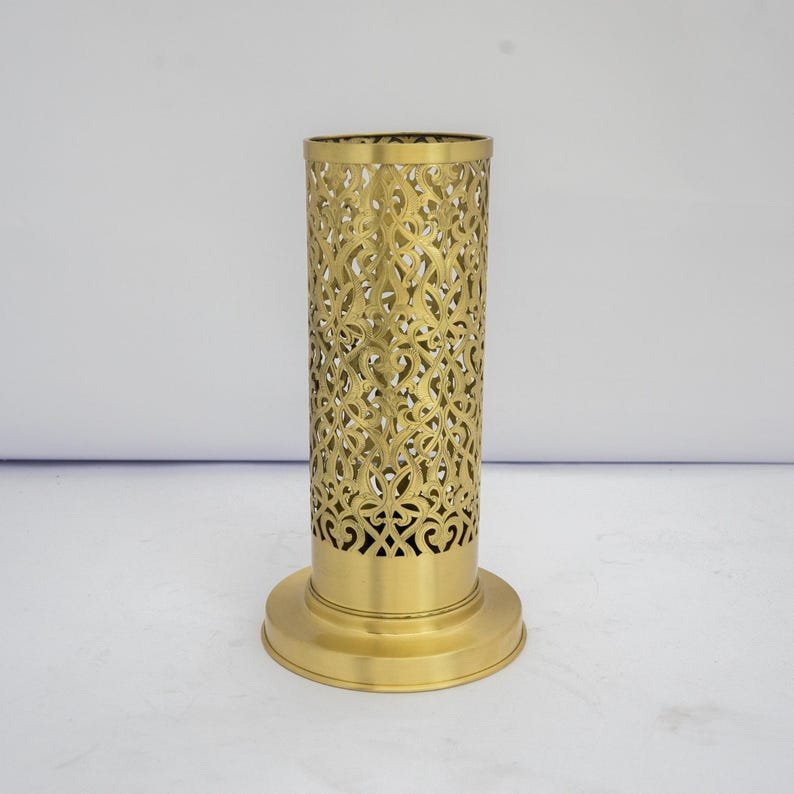 products-BrassTableLamp4.jpg Brushed Brass Bedside Light, Pierced Cylinder Lamp, Brass Table Lamp | Duty-Free - Image 2